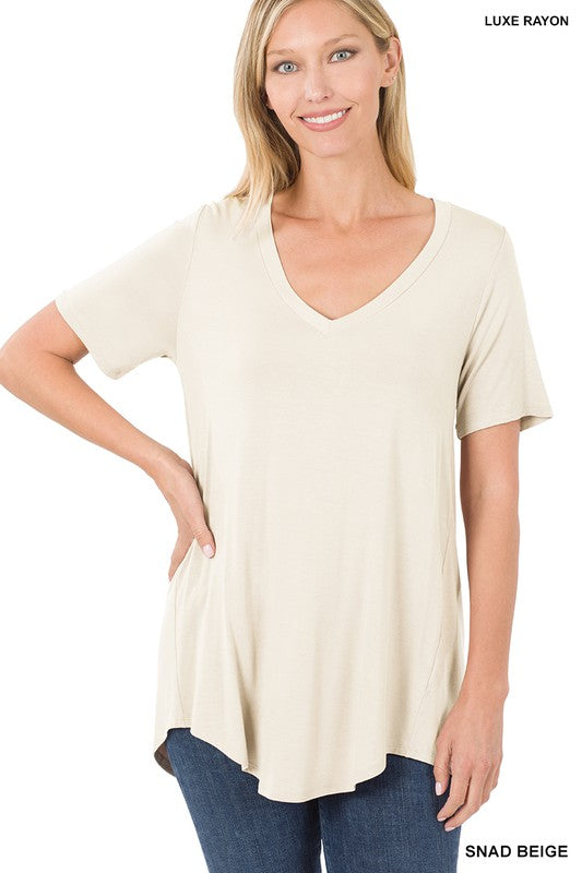 Luxe Rayon Short Sleeve V-Neck Hi-Low Hem Top - Zenana