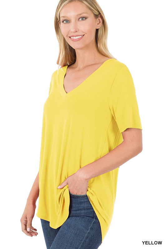 Luxe Rayon Short Sleeve V-Neck Hi-Low Hem Top - Zenana