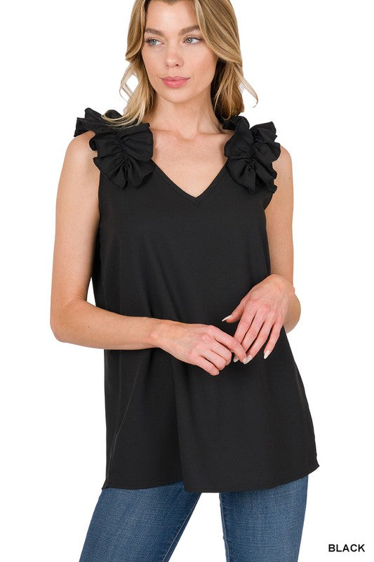 Woven Wool Dobby Ruffle Trim Sleeveless Top - Zenana