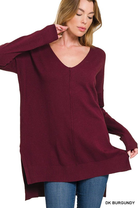 Hi-Low Hem V-Neck Center Seam Sweater - Zenana