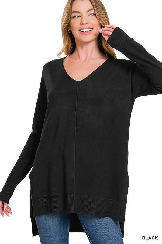 Hi-Low Hem V-Neck Center Seam Sweater - Zenana
