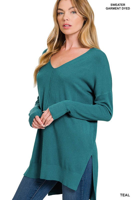 Hi-Low Hem V-Neck Center Seam Sweater - Zenana