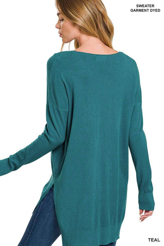 Hi-Low Hem V-Neck Center Seam Sweater - Zenana
