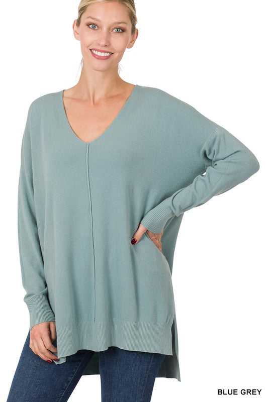 Hi-Low Hem V-Neck Center Seam Sweater - Zenana