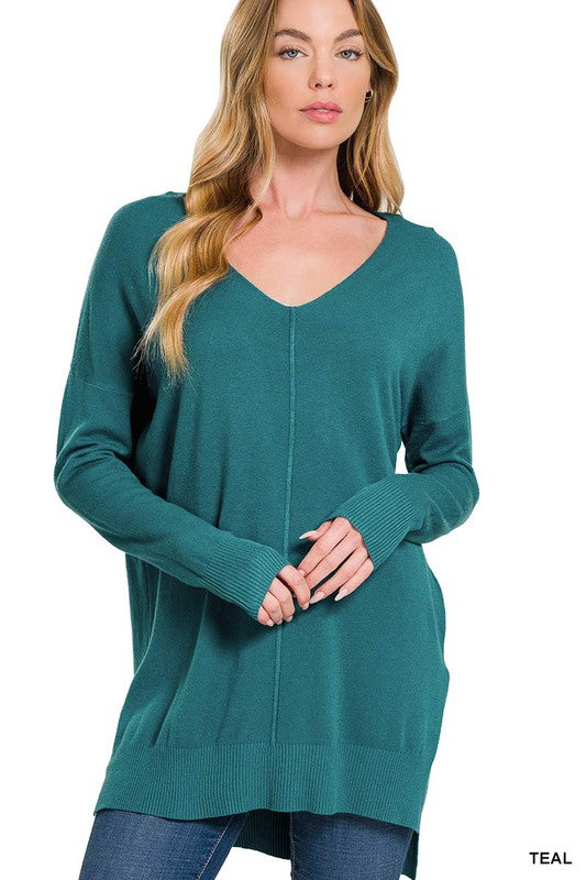 Hi-Low Hem V-Neck Center Seam Sweater - Zenana