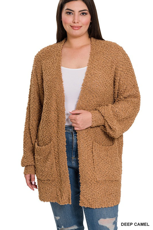 Plus Puff Sleeve Popcorn Cardigan With Pockets - Zenana
