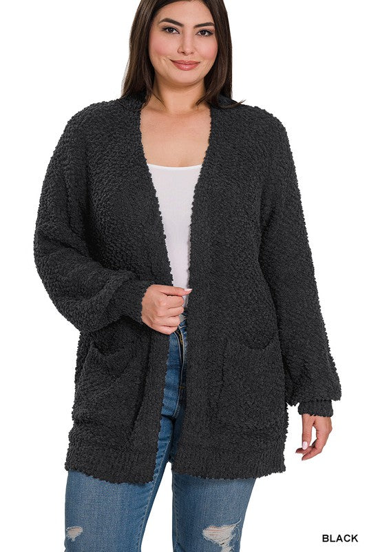 Plus Puff Sleeve Popcorn Cardigan With Pockets - Zenana