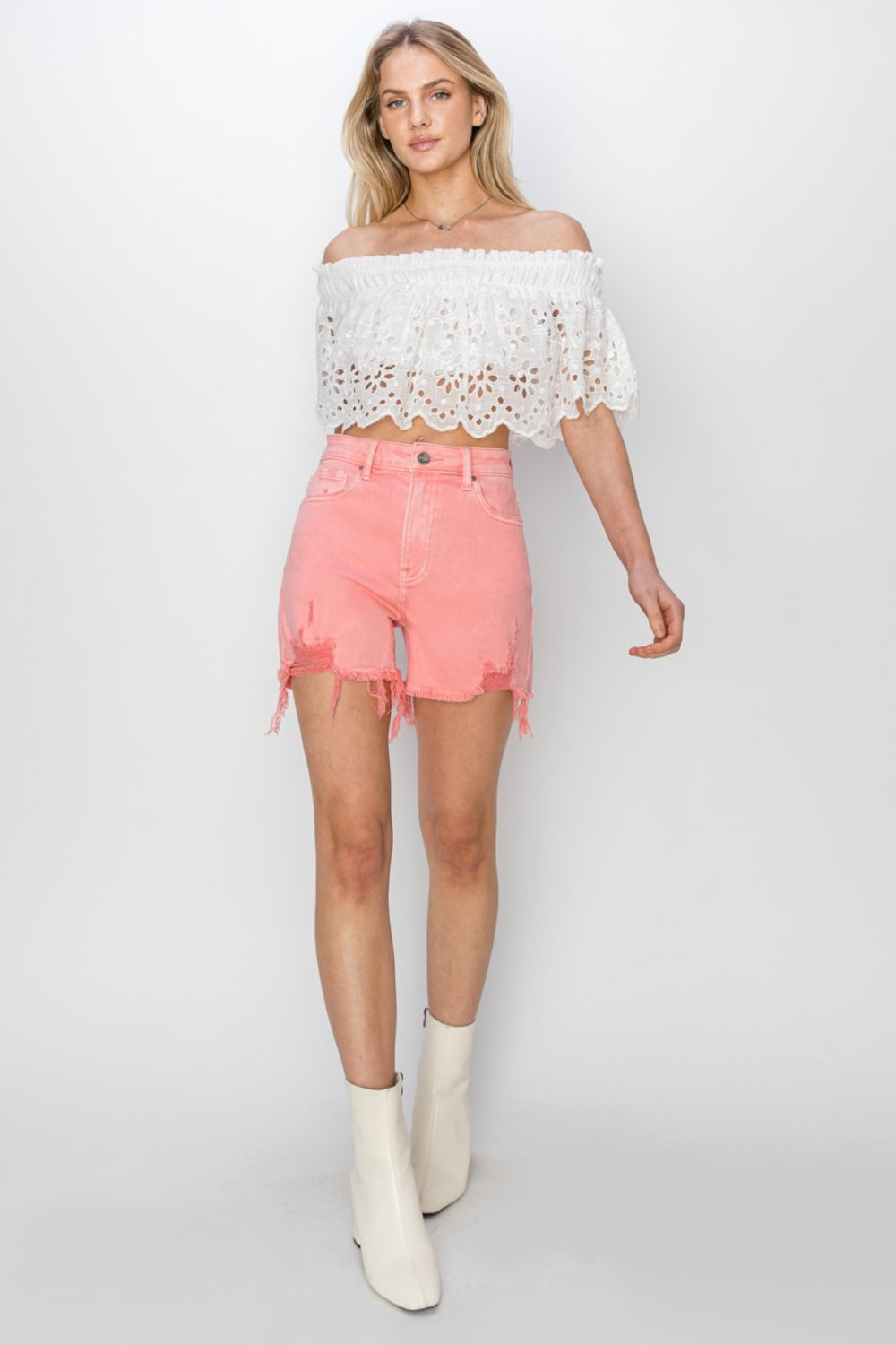 RISEN High Rise Distressed Denim Shorts - Flamingo