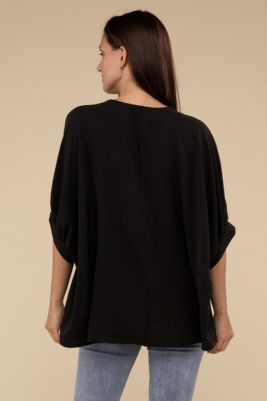 Woven Airflow V-Neck Puff Half Sleeve Top - Zenana