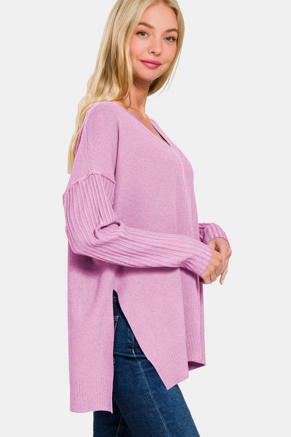 Zenana V-Neck Side Slit High-Low Sweater - Mauve