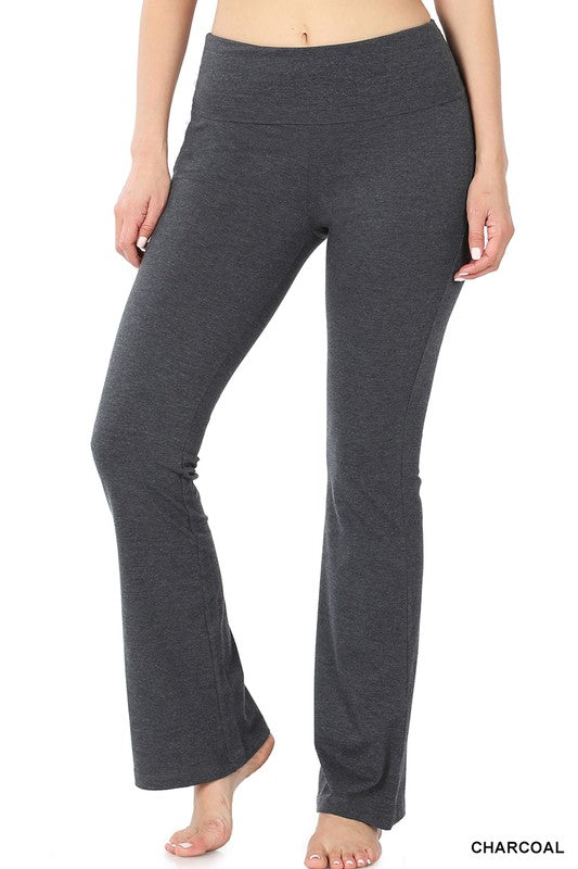 Premium Cotton Fold Over Yoga Flare Pants - Zenana