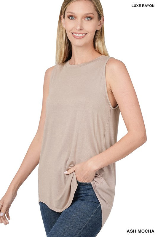Luxe Rayon Sleeveless Round Neck Hi-Low Hem Top - Zenana