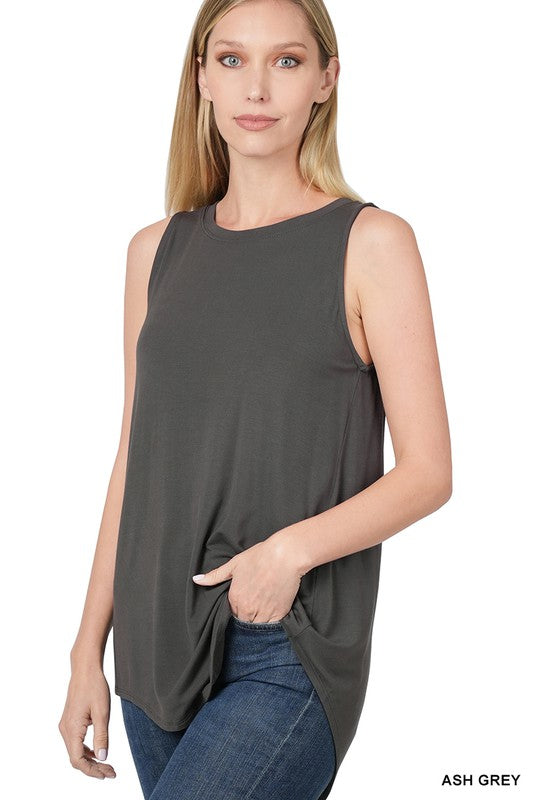 Luxe Rayon Sleeveless Round Neck Hi-Low Hem Top - Zenana