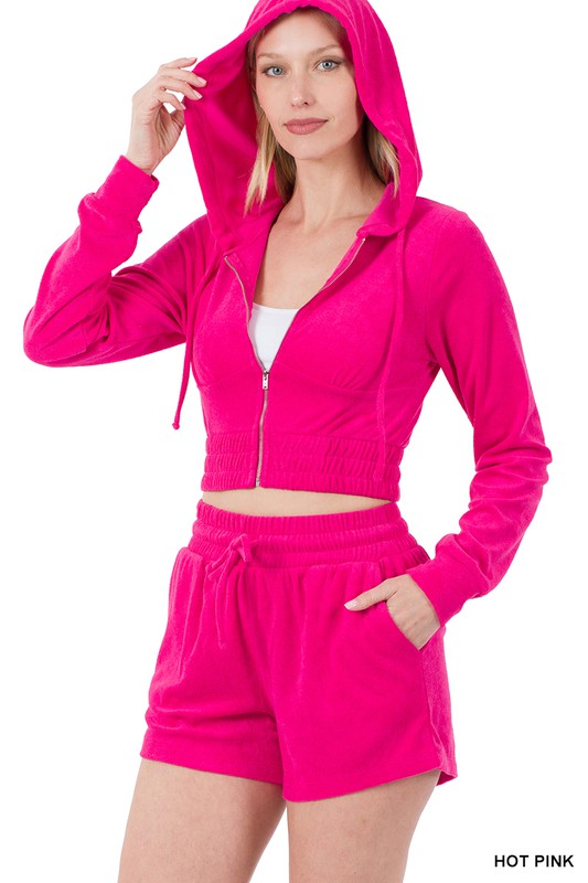 Loop Terry Zip Up Cropped Hoodie & Shorts Set - Zenana