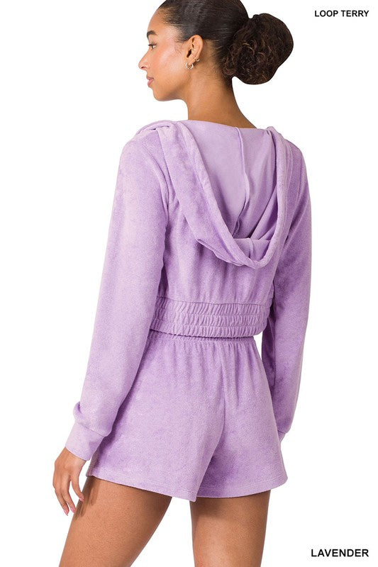 Loop Terry Zip Up Cropped Hoodie & Shorts Set - Zenana