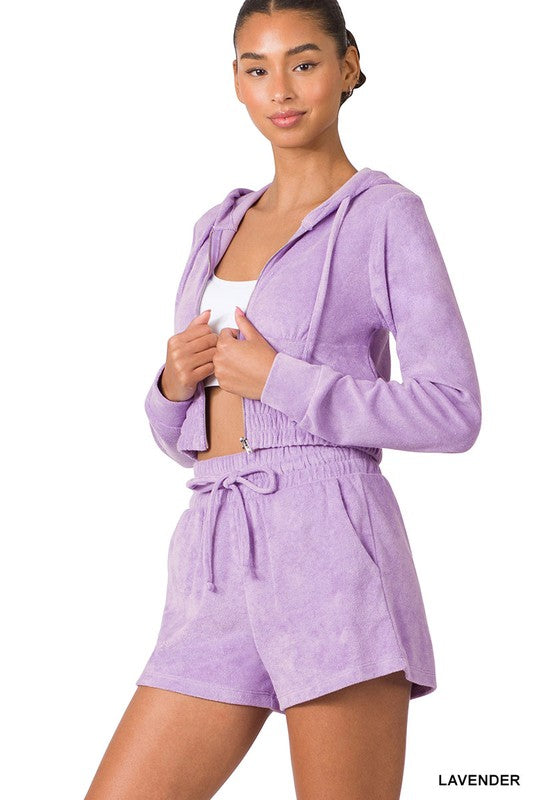 Loop Terry Zip Up Cropped Hoodie & Shorts Set - Zenana