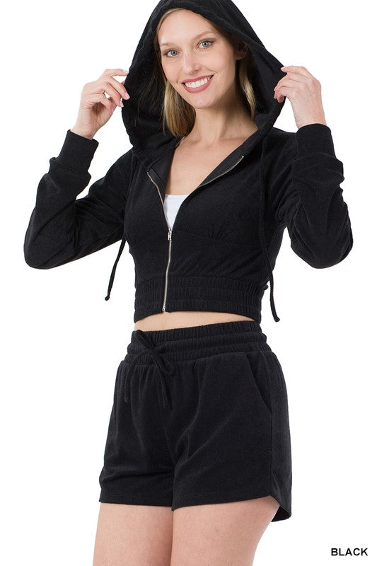 Loop Terry Zip Up Cropped Hoodie & Shorts Set - Zenana