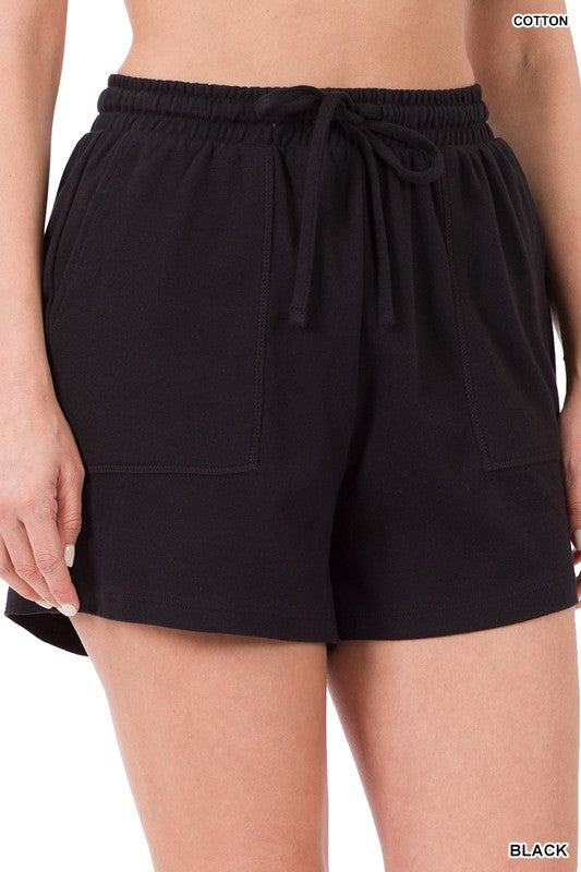 Cotton Drawstring Waist Shorts with Pockets - Zenana