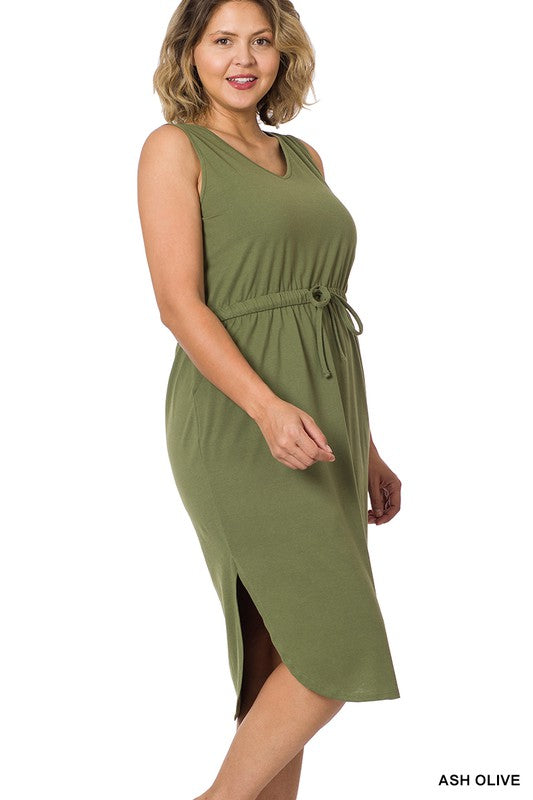 Plus Drawstring Waist Curved Hem Dress - Zenana