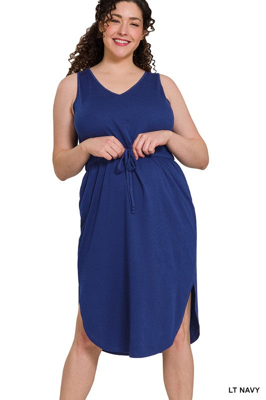 Plus Drawstring Waist Curved Hem Dress - Zenana