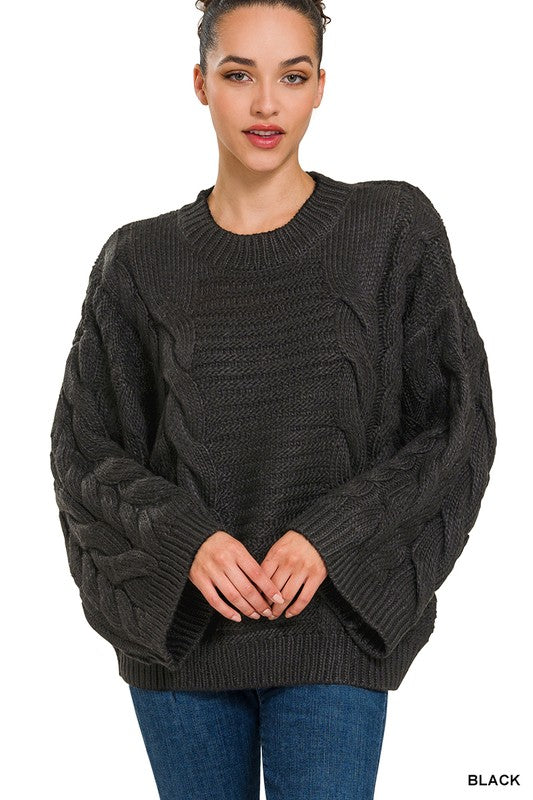 Oversized Bell Sleeve Cable Knit Sweater - Zenana