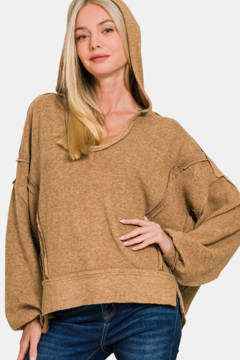 Zenana Brushed Hacci Exposed Seam Hoodie - Deep Camel