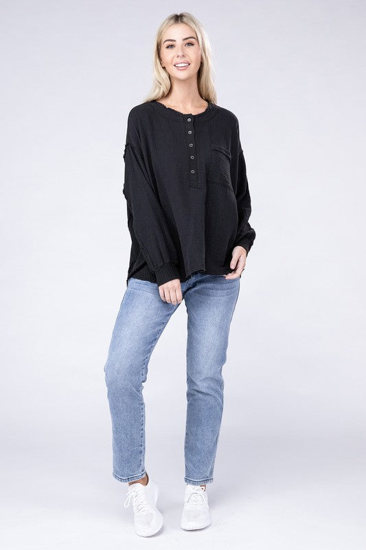 Double Gauze Oversized 3/4 Button Henley Neck Top - Zenana
