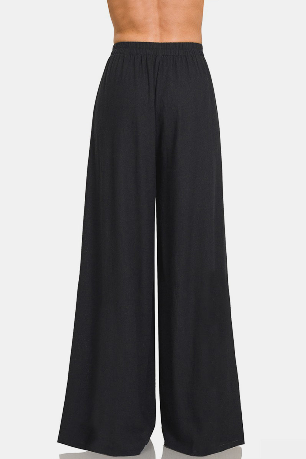 Zenana Pleated Linen Blend Wide Leg Pants - Black