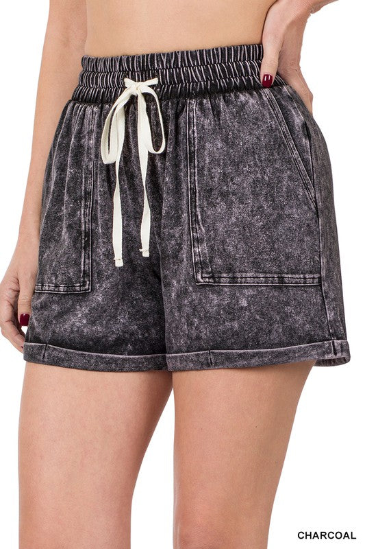 Mineral Wash Drawstring Cuffed Shorts - Zenana