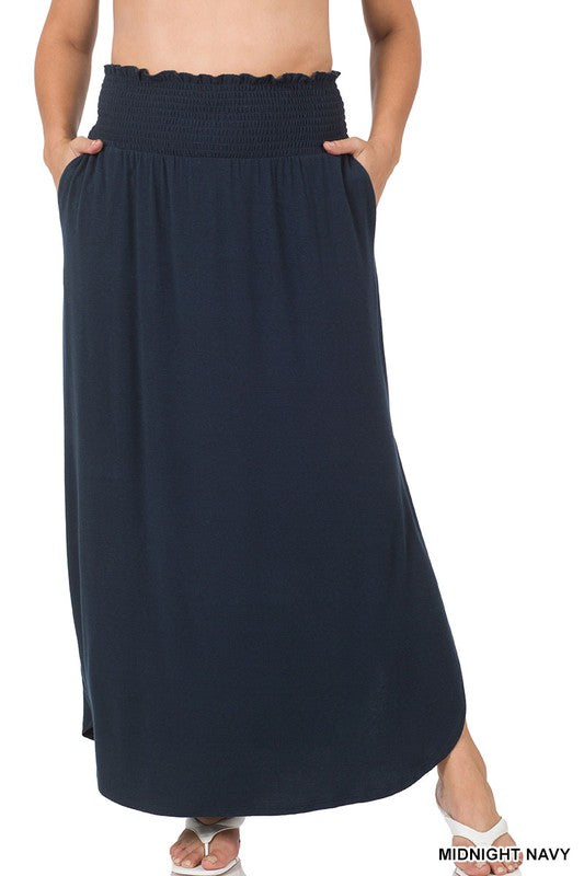 Plus Smocked Waist Side Slit Maxi Skirt w/ Pockets - Zenana