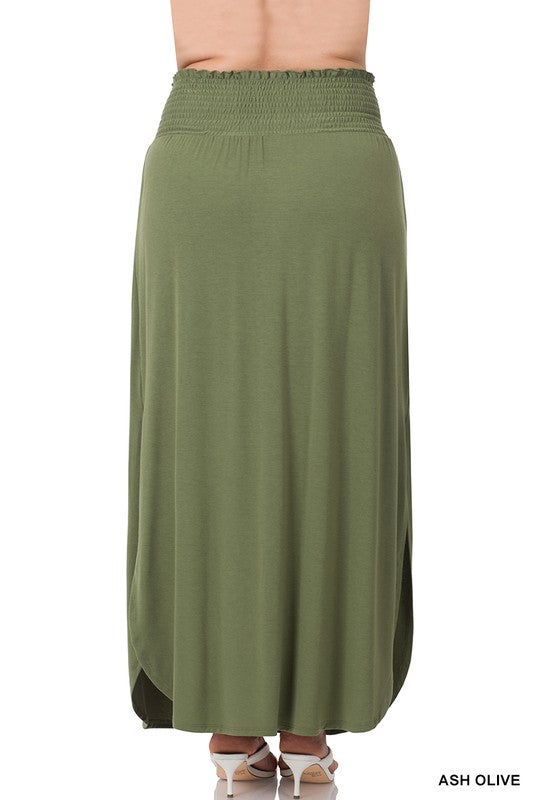 Plus Smocked Waist Side Slit Maxi Skirt w/ Pockets - Zenana