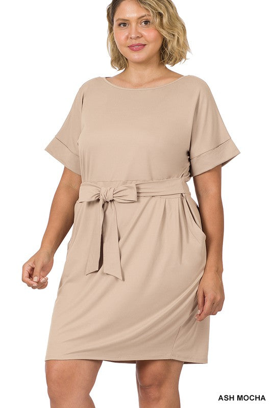 Plus Brushed Tie Belt Dress - Zenana