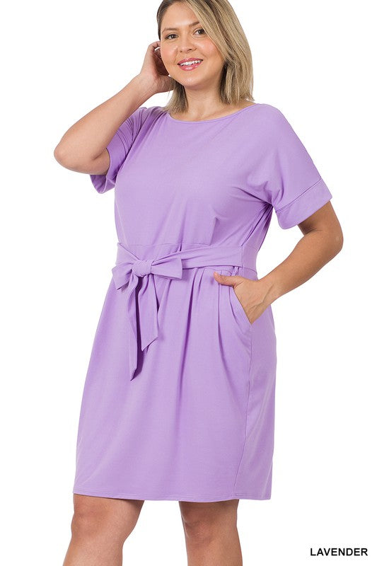 Plus Brushed Tie Belt Dress - Zenana
