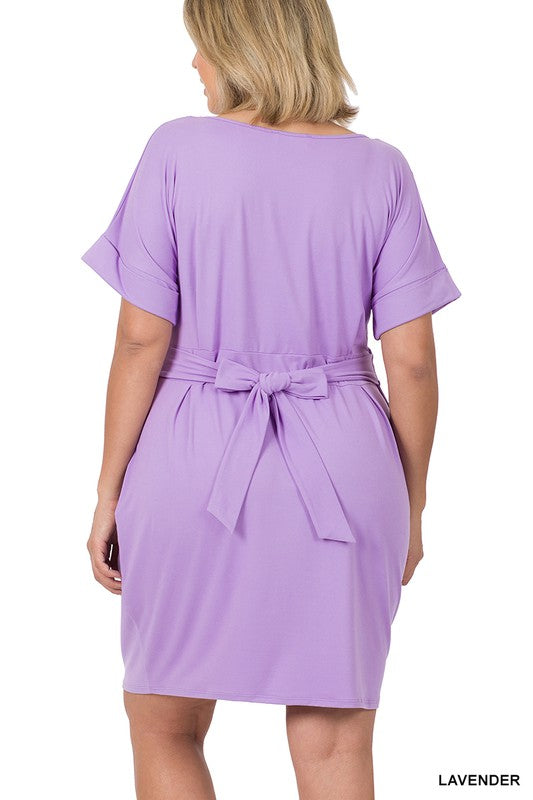 Plus Brushed Tie Belt Dress - Zenana