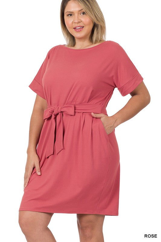 Plus Brushed Tie Belt Dress - Zenana