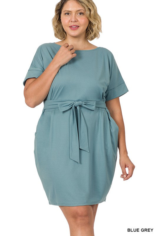 Plus Brushed Tie Belt Dress - Zenana