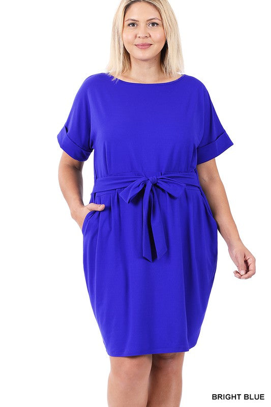 Plus Brushed Tie Belt Dress - Zenana
