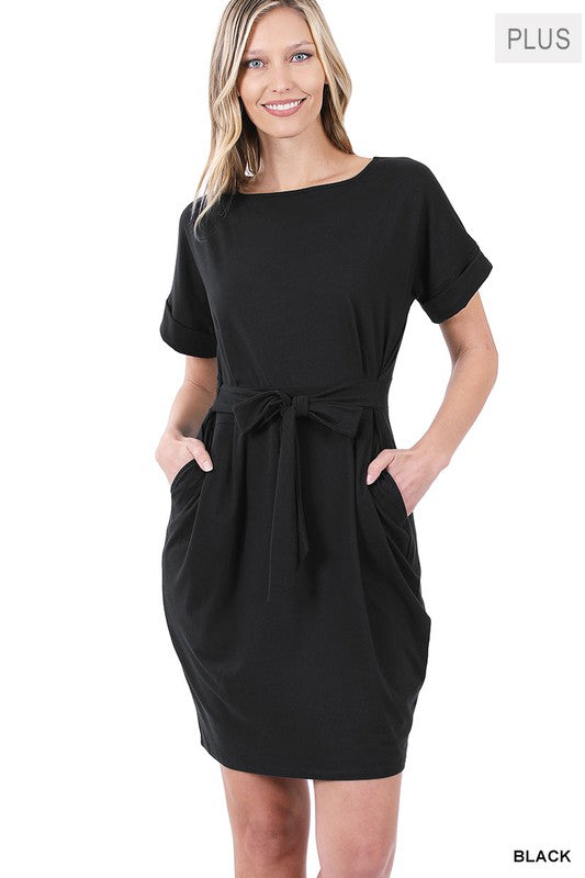 Plus Brushed Tie Belt Dress - Zenana