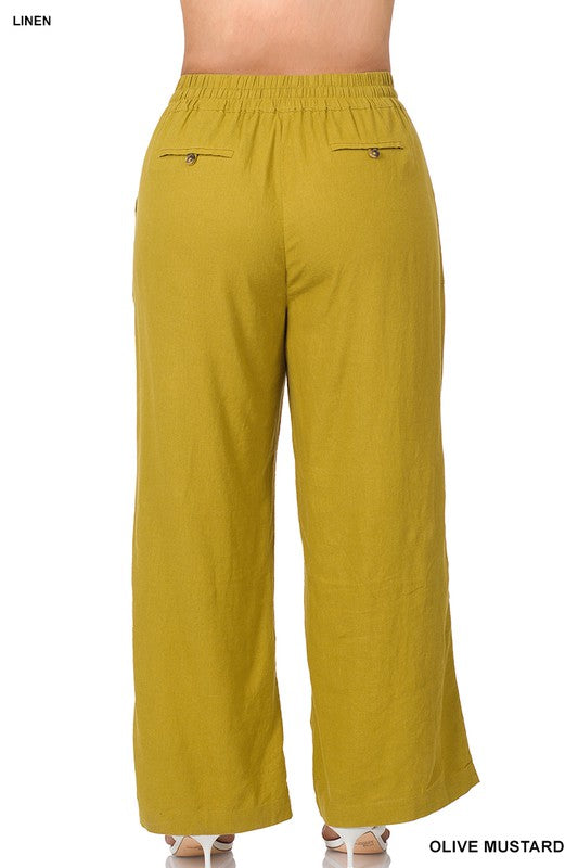 Plus Linen Drawstring-Waist Pants With Pockets - Zenana