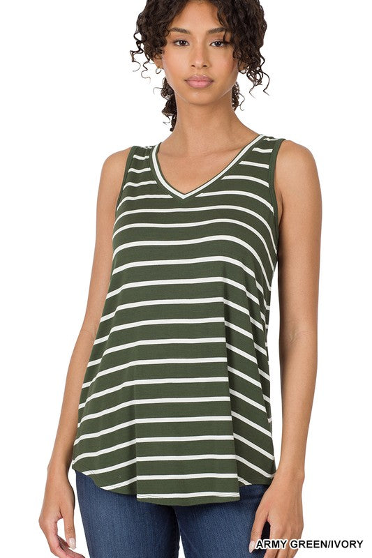 Stripe Sleeveless V-Neck Top - Zenana