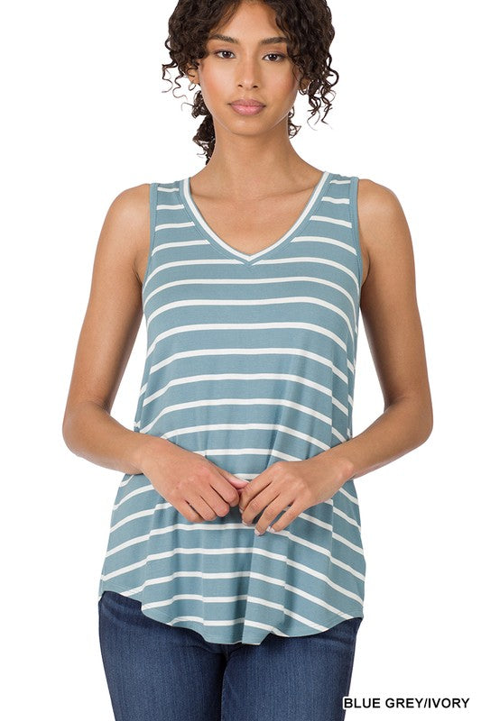 Stripe Sleeveless V-Neck Top - Zenana