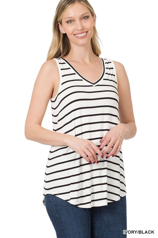 Stripe Sleeveless V-Neck Top - Zenana
