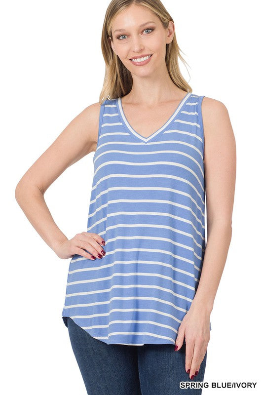 Stripe Sleeveless V-Neck Top - Zenana