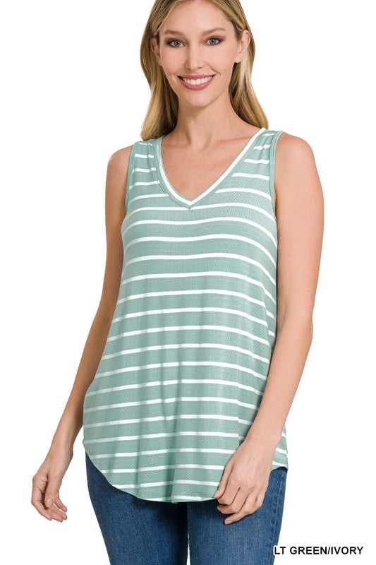 Stripe Sleeveless V-Neck Top - Zenana