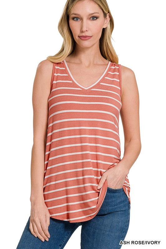 Stripe Sleeveless V-Neck Top - Zenana