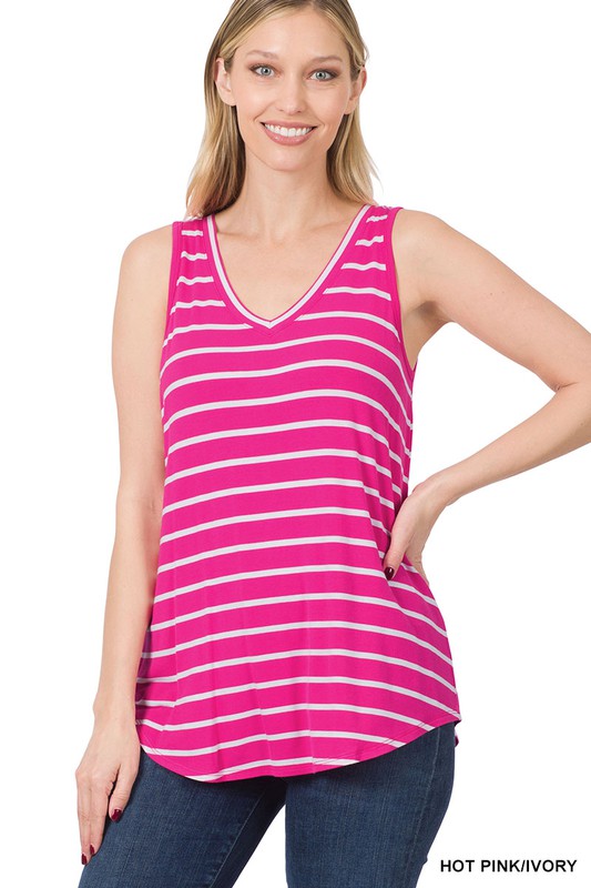 Stripe Sleeveless V-Neck Top - Zenana