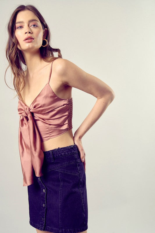 Front Tie-Up Cami Crop Top - Mustard Seed