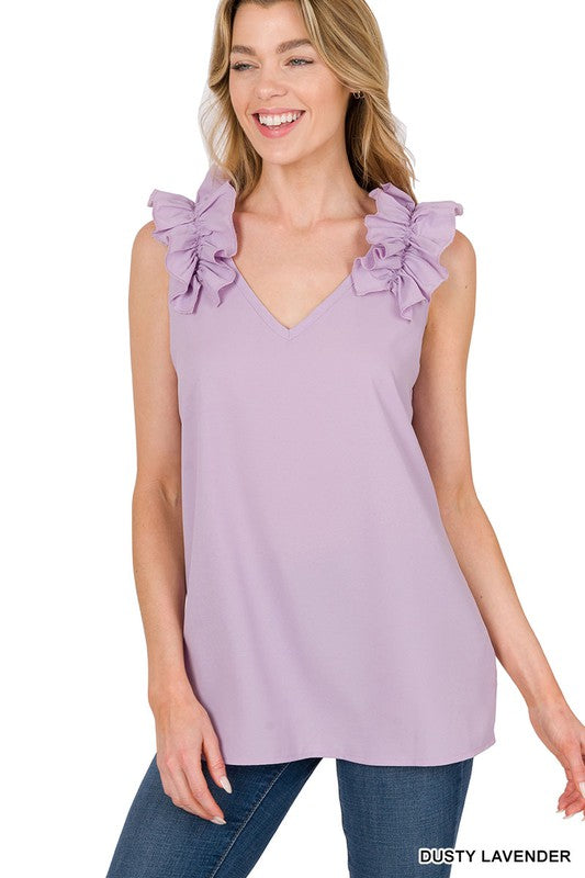 Woven Wool Dobby Ruffle Trim Sleeveless Top - Zenana