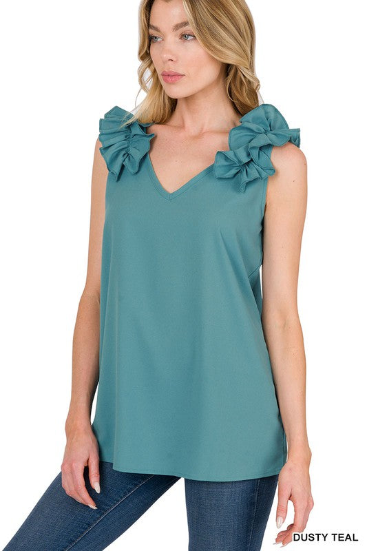 Woven Wool Dobby Ruffle Trim Sleeveless Top - Zenana