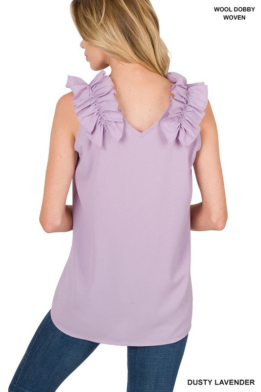 Woven Wool Dobby Ruffle Trim Sleeveless Top - Zenana